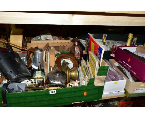 THREE BOXES, A SUITCASE AND LOOSE METALWARES, CUTLERY, LADIES SHOES, TEXTILES, CD'S ETC, including Picquot Ware, stainless st