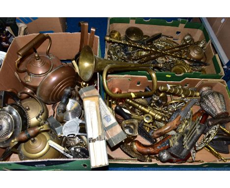 THREE BOXES OF METALWARES to include vintage and modern items, copper and brass kettles, a set of boxed bread knives, horse b