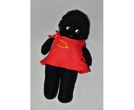 A MERRYTHOUGHT GOLLY FIGURE, velvet plush with glass eyes and painted mouth, circa 1930's, celluloid button to back of neck, 