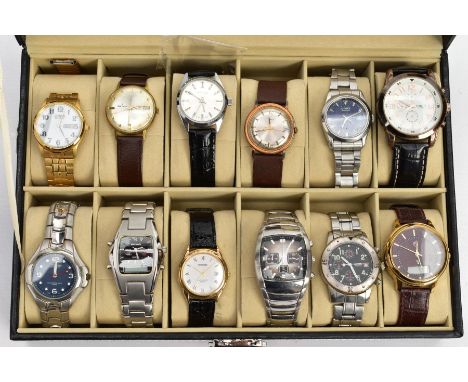 A WATCH DISPLAY CASE AND TWELVE GENTS WRISTWATCHES, black faux leather case, Perspex lid, together with twelve watch cushions