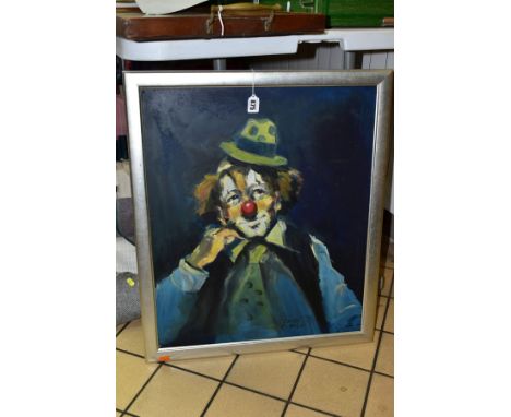 CAVAN CORRIGAN (BRITISH 1942) a portrait of a clown, signed lower left, oil on board, size approximately 60cm x 50cm, (Condit