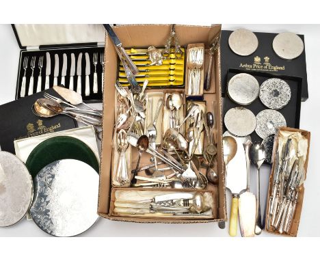 A BOX OF ASSORTED FLATWARE, to include a cased set of twelve starter knives and forks, each fitted with a mother of pearl han
