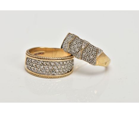 TWO 9CT GOLD RINGS, the first pave set with single cut diamonds to the front half of the ring, ring size L ½, the second a ta