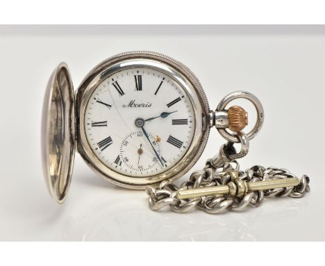 A FULL HUNTER POCKET WATCH WITH ALBERT CHAIN, round white dial signed 'Moeris', Roman numerals, seconds subsidiary dial at th