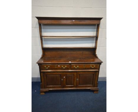 A GEORGIAN AND LATER OAK AND MAHOGANY CROSSBANDED DRESSER, the later top with two plate rack shelves, on a base with two draw