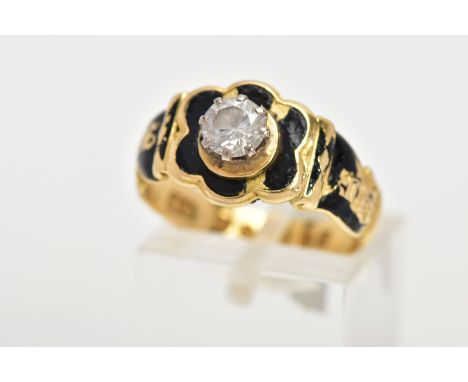 AN EARLY VICTORIAN 18CT GOLD ENAMEL MEMORIAL RING, set to the centre with a later added circular colourless cubic zirconia, w