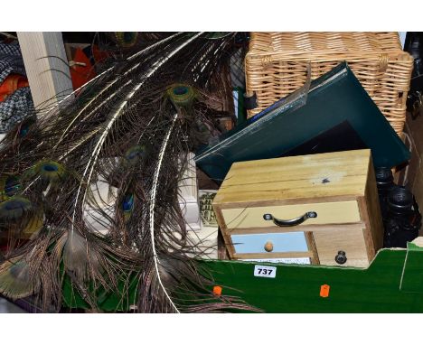 TWO BOXES AND LOOSE METALWARES, HOMEWARES AND SUNDRY ITEMS to include a modern wooden dolls, pram/storage, brass fire surroun