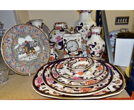 THIRTEEN PIECES OF MASONS IRONSTONE, comprising eleven pieces of 'Mandalay' pattern, formed of plates, table lamp, mantel clo