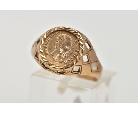 A MOUNTED MEXICO MAXIMILANO COIN RING, coin dated 1865, mounted in a 9ct gold textured collet mount, openwork shoulders, plai