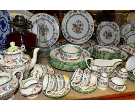 SEVENTY TWO PIECE COPELAND SPODE 'CHINESE ROSE' DINNER SERVICE AND AN OIL LAMP, oil lamp has red glass body, is marked 'Duple