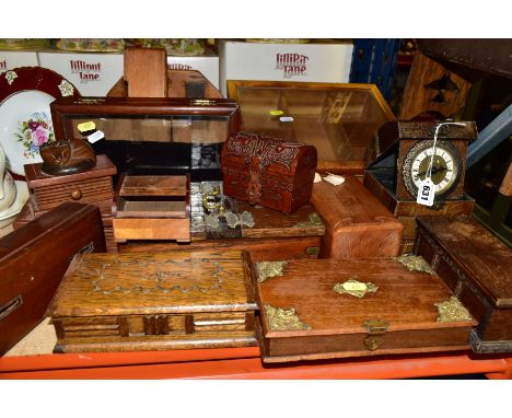 A GROUP OF WOODEN BOXES AND OTHER ITEMS to include a modern box containing a clock, a vintage box with two slots in the lid, 