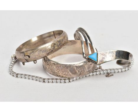 FOUR PIECES OF JEWELLERY, to include a cubic zirconia line bracelet, broken clasp, stamped '925', length 210mm, two hinged ba