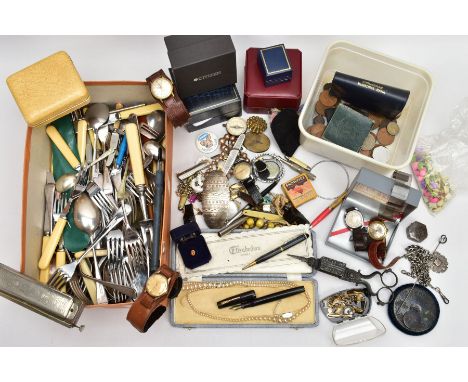 A BOX OF MISCELLANEOUS ITEMS, to include a box of cutlery, mainly stainless steel and EPNS, a Parker pen with 14k nib, a Smit