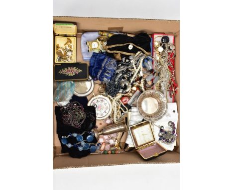 A BOX OF ASSORTED COSTUME JEWELLERY AND SILVER, to include a silver pierced bon-bon dish, hallmarked 'Williams Ltd' Chester 1