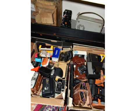 TWO BOXES AND LOOSE CAMERAS, VINTAGE PROJECTOR, BINOCULARS etc to include a Specto Limited Cinefilm Projector (with box), fol