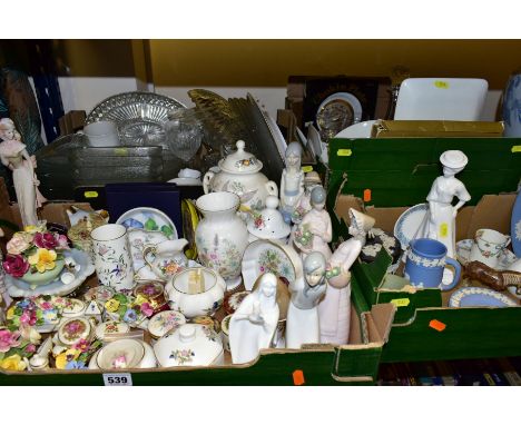 FOUR BOXES OF CERAMICS AND GLASSWARE, including a Spode white glazed figure 'Lily', a small Studio Pottery figure of a Shire 