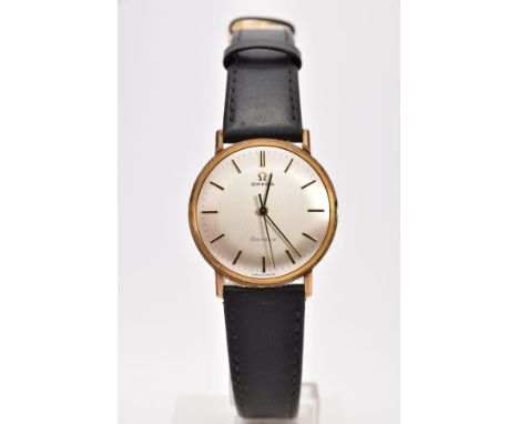 A GENTS 9CT GOLD 'OMEGA GENEVE' WRISTWATCH, (missing crown) round silver dial signed 'Omega Geneve', baton markers, black han