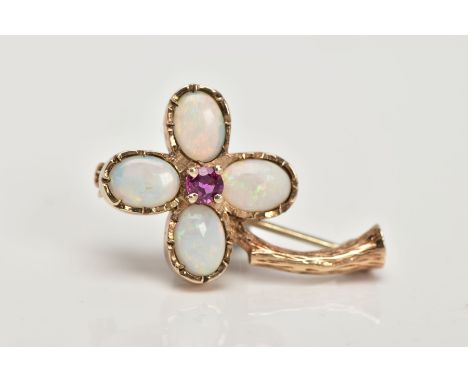 A 9CT GOLD OPAL AND RUBY FLOWER BROOCH, designed with four oval opal cabochon petals and a central circular ruby in a four cl