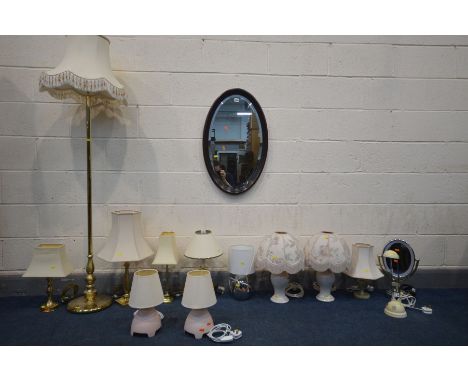 A QUANTITY OF LIGHTING, comprising four brassed table lamps,a brassed standard lamp, onyx, chrome and two pairs of ceramic ta