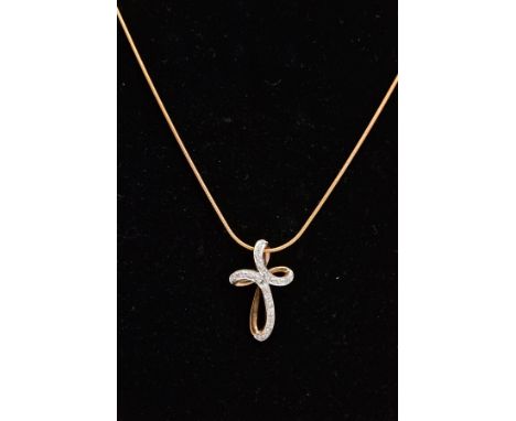 A 9CT GOLD DIAMOND PENDANT NECKLACE, the pendant in the form of an openwork cross, set with single cut diamond detail, hallma