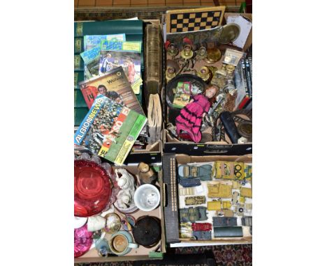FOUR BOXES OF TOYS, MAGAZINES, CERAMICS, GLASS AND METALWARES, ETC, to include an early 20th Century photograph album filled 