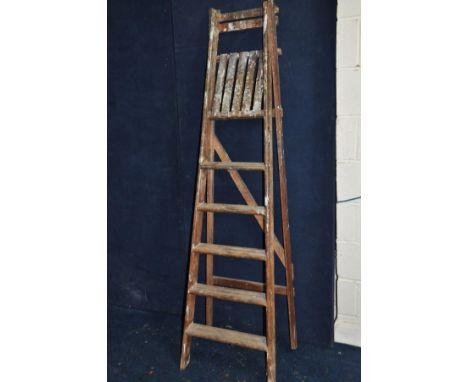 A VINTAGE WOODEN STEP LADDER  200cm high