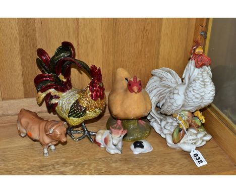 SIX VARIOUS CERAMICS AND METAL MODELS OF POULTRY AND FARM ANIMALS, comprising a Capodimonte white cockerel, incised 'Cortese'