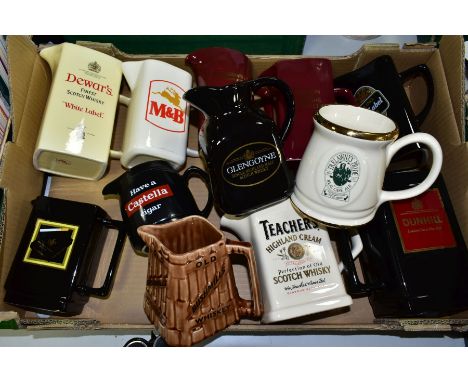 A BOX OF ADVERTISING JUGS, to include twelve jugs, brands to include Dunhill, Teacher's, Carling, Dewars White Label, Buchana