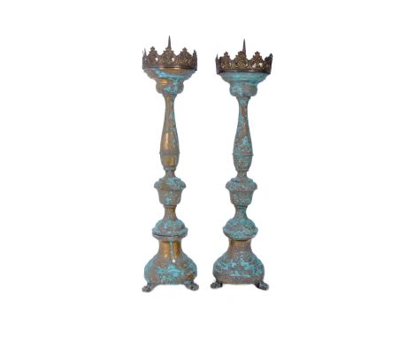 A pair of 19th century Continental Italian ecclesiastic church bronze &amp; brass floor candelabras candle holders. The candl