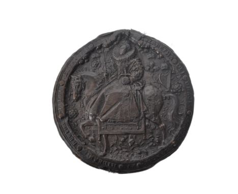Elizabeth I Great Seal - brown wax tablet produced from the mould of the seal of Elizabeth I. Featuring Elizabeth I holding t