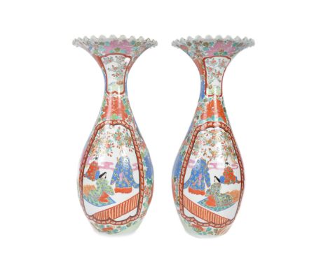 A pair of large 19th century Chinese Oriental Famille Rose China planter floor vases. Each vase having a scalloped edges with