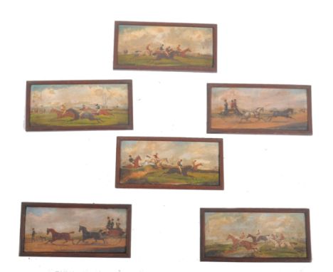A set of six 19th century Victorian oil on panel equine interest paintings depicting horse racing and also horse with carriag