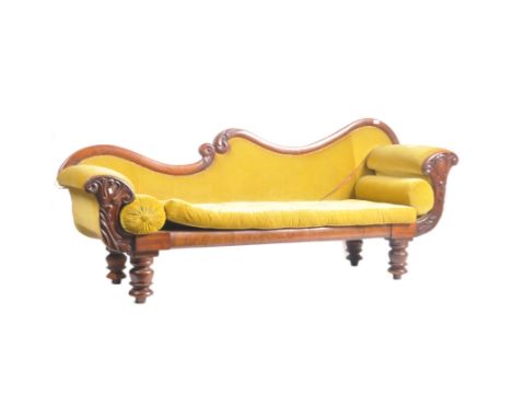 A Victorian 19th century walnut double scroll end upholstered show frame chaise lounge sofa day bed two seater. The day bed h