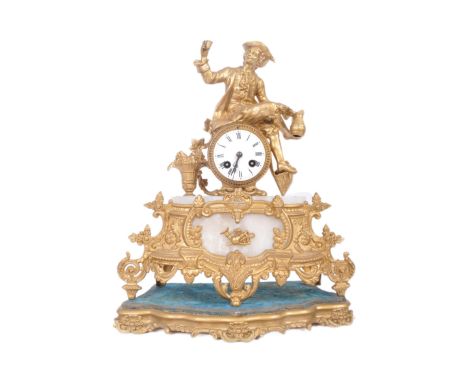 A 19th century French 8-day mantel clock. Set on a gilt wooden bracket, the gilt metal ormolu base with white marble body hav