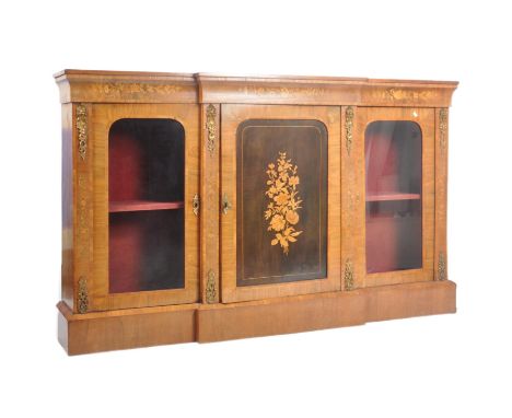 A Victorian 19th century walnut &amp; marquetry breakfront sideboard credenza having a flared top over an inlaid and detailed