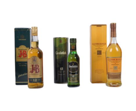 Whisky:&nbsp; three bottles of whisky being a boxed J&amp;B 12 year old malt scotch whisky, Glenmorangie Highland single malt