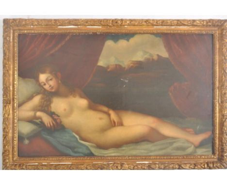 An 18th century oil on canvas portrait painting depicting a reclining nude lady with views to the backdrop. Set with a 19th c