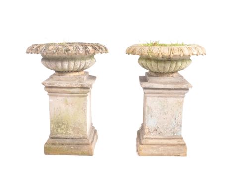 Architectural Salvage - A pair of classical revival clam shell pedestal garden planters in the neo-classical style. Re-consti