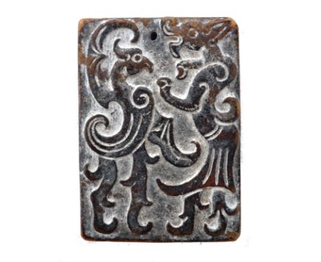 A Qing Dynasty 19th century Chinese hand carved dark green jade rectangular plaque amulet. The amulet having a phoenix &amp; 