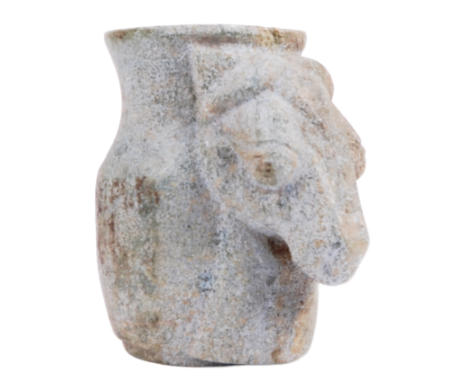A Chinese Shang / Zhou dynasty hand carved Nephrite jade ritualistic ritual vessel having a figural horses head face mask to 