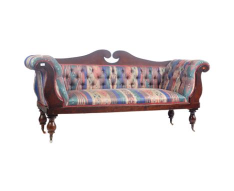 A Victorian 19th century re-upholstered mahogany twin neck rests chaise-lounge day bed. The two seater sofa having a swan nec