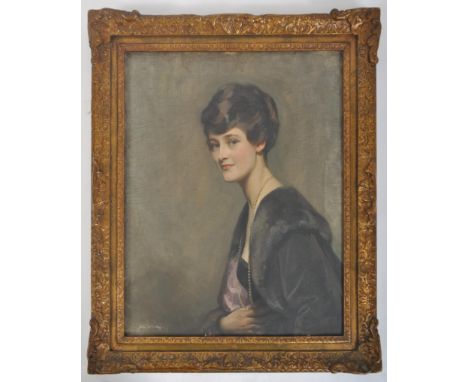 John Arthur Machray Hay (Scottish, 1887-1960) - early 20th century oil on canvas portrait of a lady wearing a cloak and a str