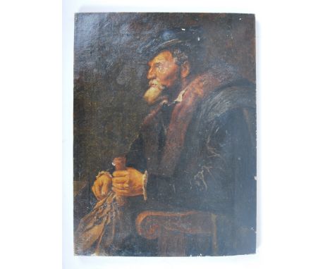 Dutch School - An 18th century continental Dutch oil on canvas portrait painting of old man sitting, holding a waterskin. Uns