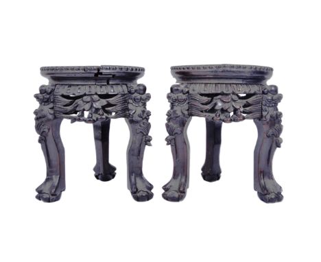A pair of antique early - mid 19th century Chinoiserie hardwood marble side tables / stands, with pink marble inserts in stud