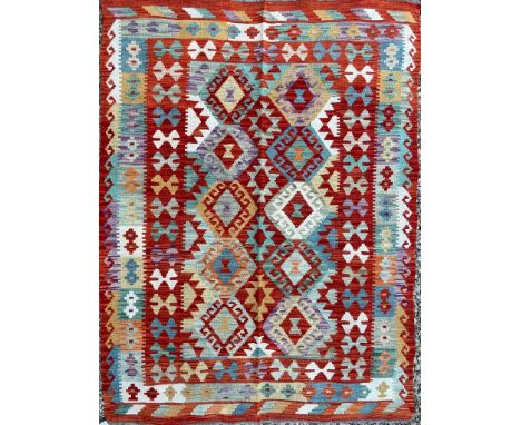 An early 20th century Anatolian Turkish Islamic Kilim hand woven floor carpet rug having central panel decorated with repeati