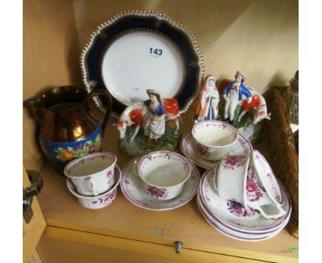 Six 19th Century pink lustre and floral cups and saucers and other china