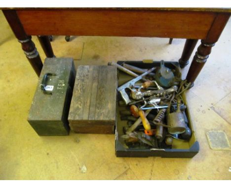 A tin box, wooden box and a box of old tools
