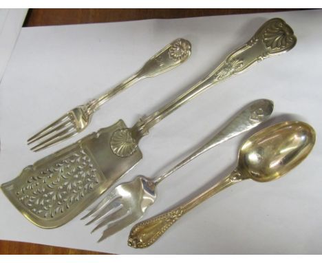 A silver plated slice, John Bellis Sterling fork, fork and two spoons&nbsp;