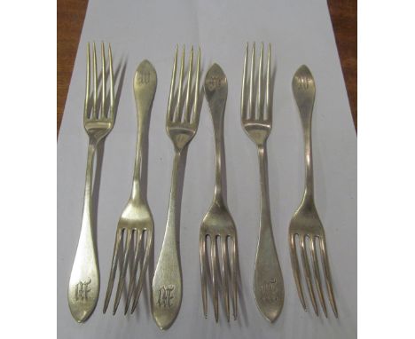 Some sterling Shreve &amp; Co. cutlery; five small spoons 'B', four small spoons 'M', six forks 'M', six soup spoons 'B', six