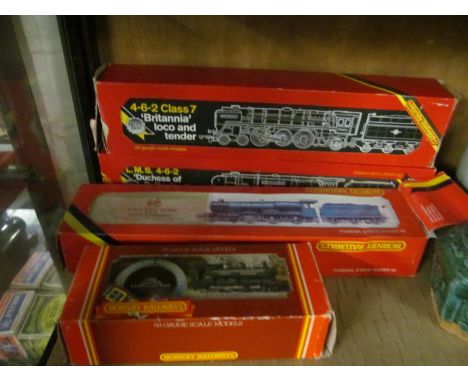 Three Hornby OO Gauge locos; LMS 4-6-2 Duchess of Sutherland loco and tender boxed R 066, 46-2 Britannia loco and tender R 06